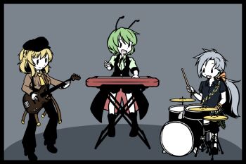 Rule 34 | 3girls, adapted costume, ahoge, antennae, arthropod girl, ascot, band (music), black boots, black border, black cape, black eyes, black hat, black pants, black ribbon, black shirt, black shoes, black shorts, black trim, black vest, blonde hair, boots, border, bow, bracelet, brown shirt, brown straps, cape, caterpillar girl, chain, closed mouth, collarbone, commentary request, cymbals, dot nose, drum, drum set, drumsticks, electric guitar, fang, gold bracelet, gold chain, gold wrist cuffs, green hair, grey background, grey hair, guitar, hair bow, hat, himemushi momoyo, holding, holding drumsticks, insect girl, instrument, jewelry, knee boots, kujiraya, kurodani yamame, leg ribbon, long hair, looking at another, looking down, medium hair, multiple girls, music, neck ribbon, open mouth, orange bow, pants, piano, playing drum, playing guitar, playing instrument, playing piano, ponytail, puffy short sleeves, puffy sleeves, red cape, ribbon, shirt, shoes, short hair, short sleeves, shorts, simple background, single wrist cuff, sitting, skin fang, smile, spider girl, split mouth, stool, swept bangs, teeth, touhou, two-sided cape, two-sided fabric, upper teeth only, v-neck, vest, white shirt, wriggle nightbug, wrist cuffs, yellow ascot