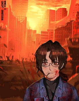 1boy 6+others alternate_costume bags_under_eyes beard black_sweater blood blood_on_clothes blood_on_face blue_jacket brown_hair building cigarette collared_jacket curtained_hair facial_hair falling floating_rock g_corp._(identity)_(project_moon) giant_hand glasses gregor_(project_moon) hair_intakes impaled jacket limbus_company low_ponytail medium_hair meme multiple_others mustache official_art_inset open_clothes orange_sky people ponytail project_moon red_eyes rubble ruins semi-rimless_eyewear sky sweater thousand_yard_stare twitter_username wmega_u