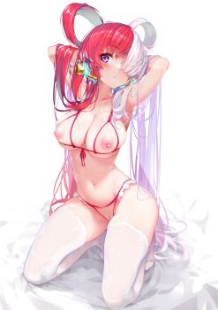 1girl absurdres armpits arms_behind_head arms_up artist_request bikini bra breasts collarbone crotchless crotchless_panties cupless_bikini cupless_bra full_body hair_over_one_eye highres kneeling large_breasts long_hair looking_at_viewer multicolored_hair navel nude one_eye_covered one_piece panties purple_eyes pussy red_bikini red_hair solo source_request sweat swimsuit thighhighs two-tone_hair underwear uta_(one_piece) very_long_hair white_background white_hair white_theme white_thighhighs
