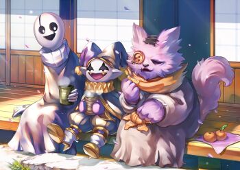 3boys button_eyes buttons commentary_request cup deltarune food fruit furry hat highres holding holding_cup jester_cap jevil looking_at_another maa_tc multiple_boys on_floor open_mouth orange_(fruit) porch seam_(deltarune) shouji sitting sliding_doors smile utdr_(toby_fox) w.d._gaster