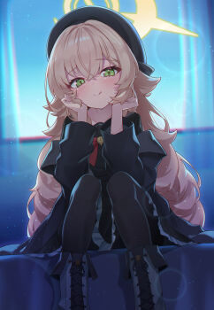 1girl :q beret black_coat black_hat black_pantyhose blonde_hair blue_archive bow bowtie closed_mouth coat commentary feet_out_of_frame fluffy_hair green_eyes hair_between_eyes hair_intakes halo hands_up hat highres indoors long_hair looking_at_viewer pantyhose professor_niyaniya_(blue_archive) red_bow red_bowtie revision shinori_(efvbji6264) side_ahoge sitting smile solo split_mouth tongue tongue_out very_long_hair yellow_halo