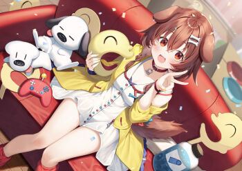 1girl animal_collar animal_ears blurry blurry_background bone_hair_ornament braid brown_eyes brown_hair cartoon_bone collar commentary_request confetti controller crossed_bangs dog_ears dog_girl dog_tail double-parted_bangs dress futo-inu game_controller gurasion_(gurasion) hair_between_eyes hair_ornament hairclip holding hololive hoso-inu indoors inugami_korone inugami_korone_(1st_costume) jacket knees_together_feet_apart leg_warmers listener_(inugami_korone) long_hair looking_at_viewer low_twin_braids nail_polish open_clothes open_jacket open_mouth red_collar red_leg_warmers short_dress single_off_shoulder sitting sleeveless sleeveless_dress solo tail teeth twin_braids upper_teeth_only v virtual_youtuber white_dress yellow_jacket yellow_nails
