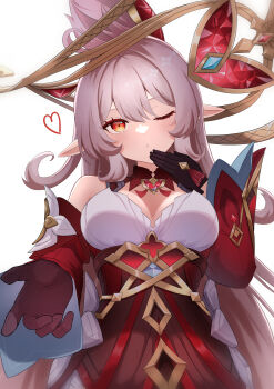 Rule 34 | 1girl, absurdres, alice (genshin impact), black gloves, breasts, commentary request, cross-shaped pupils, detached sleeves, dress, elf, genshin impact, gloves, hair between eyes, heart, highres, large breasts, long sleeves, looking at viewer, mako (cvyt5325), one eye closed, orange eyes, pointy ears, red dress, simple background, solo, strapless, strapless dress, symbol-shaped pupils, upper body, white background, wide sleeves, witch