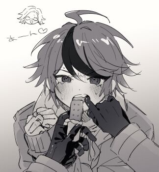 2boys :d ^_^ ahoge aotsuki_eito bound bound_arms candy candy_bar chibi chibi_inset chocolate closed_eyes commentary crying crying_with_eyes_open feeding food force-feeding gloves greyscale hatching_(texture) head_only highres holding holding_candy holding_food hood hoodie jacket jacket_over_hoodie linear_hatching looking_at_viewer male_focus monochrome mouth_pull multicolored_hair multiple_boys open_mouth out_of_frame pov pov_hands short_hair sieg_gs sketch smile solo_focus streaked_hair sumino_takumi sweat tears teeth the_hundred_line_-last_defense_academy- upper_teeth_only