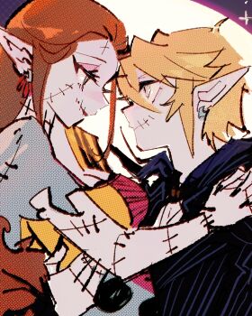 1boy 1girl arms_around_neck black_nails black_suit blonde_hair breasts brown_hair cleavage closed_mouth commentary cosplay couple dress earrings english_commentary feet_out_of_frame formal_clothes full_body hair_between_eyes hetero jack_skellington jack_skellington_(cosplay) jewelry link long_dress long_hair looking_at_another manodemarina medium_breasts nail_polish nintendo pants patchwork_clothes patchwork_skin pinstripe_jacket pinstripe_pants pinstripe_pattern pinstripe_suit pointy_ears princess_zelda sally_(nbc) sally_(nbc)_(cosplay) scar scar_on_face short_hair short_sleeves smile sparkle suit the_legend_of_zelda the_legend_of_zelda:_twilight_princess the_nightmare_before_christmas torn_clothes torn_sleeves