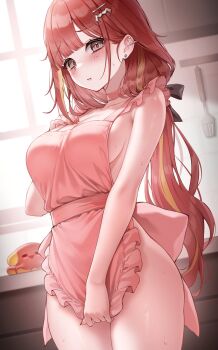 1girl akane_lize apron bare_shoulders blush breasts brown_eyes choker closed_mouth cowboy_shot ear_piercing frilled_apron frills hair_ornament hairclip hand_on_own_chest hashtag-only_commentary highres kuca_(ku_ca18) large_breasts long_hair looking_at_viewer low_ponytail mole mole_under_eye multicolored_hair nail_polish naked_apron pienna_(akane_lize) piercing pink_apron pink_choker ponytail red_hair solo stellive streaked_hair sweat virtual_youtuber