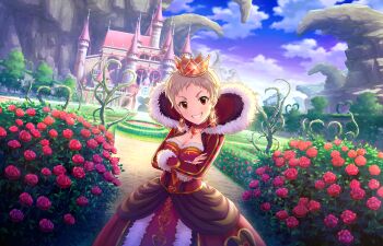 1girl alice's_adventures_in_wonderland artist_request blonde_hair breasts castle choker cleavage cosplay crossed_arms crown dress earrings flower glint grin heart idolmaster idolmaster_cinderella_girls jewelry looking_at_viewer medici_collar medium_breasts official_art orange_eyes pixie_cut queen queen_of_hearts_(alice_in_wonderland) queen_of_hearts_(alice_in_wonderland)_(cosplay) red_flower red_rose rose senzaki_ema short_hair smile solo supportasse third-party_source very_short_hair