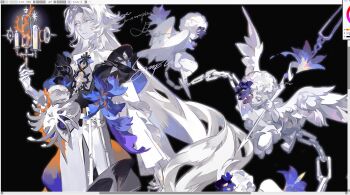 1boy absurdres angel candle candlestand chain flower frills highres holding holding_candle liulianjingrua long_hair long_sleeves looking_at_viewer male_focus official_alternate_costume original pants parted_bangs purple_flower shirt solo white_hair