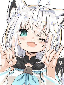 1girl ahoge animal_ear_fluff animal_ears blue_neckerchief commentary_request double_fox_shadow_puppet fang fox_ears fox_girl fox_shadow_puppet fox_tail highres hololive hood hoodie long_hair neckerchief one_eye_closed open_mouth shirakami_fubuki shirakami_fubuki_(1st_costume) smile solo tail u_da_desu virtual_youtuber white_hair white_hoodie