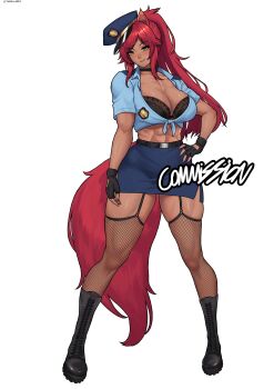 Rule 34 | 1girl, abs, absurdres, animal ears, black boots, black bra, black choker, black gloves, blue shirt, blue skirt, boots, bra, breasts, choker, cleavage, commentary, commission, cropped shirt, dark-skinned female, dark skin, english commentary, fingerless gloves, fishnet pantyhose, fishnets, fox ears, fox girl, fox tail, full body, garter straps, gloves, green eyes, hand on own hip, hat, highres, insignia, lace-up boots, large breasts, long hair, luca (maverickkprime), midriff, miniskirt, original, pantyhose, parted bangs, peaked cap, pencil skirt, police, police hat, police uniform, policewoman, ponytail, red hair, red tail, shirt, simple background, skirt, smile, solo, standing, tail, tied shirt, tilted headwear, toned, toned female, topeko pekoni, underwear, white background