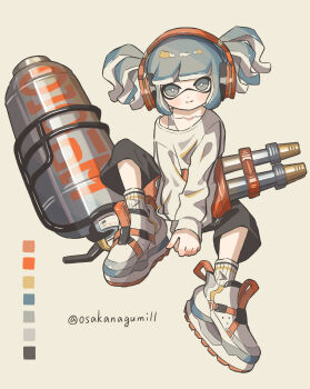 1girl artist_name black_pants blue_eyes blue_hair bright_pupils closed_mouth color_guide commentary_request full_body headphones highres hydra_splatling_(splatoon) inkling inkling_girl inkling_player_character looking_at_viewer nintendo osakanagumi11 pants shirt shoes sitting smile solo splatoon_(series) star-shaped_pupils star_(symbol) symbol-shaped_pupils tentacle_hair twitter_username white_background white_pupils white_shirt