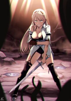 1girl black_leotard black_thighhighs bleeding blonde_hair blood blurry blurry_background braid breasts clenched_teeth commentary_request crown_braid eiyuu_densetsu elaine_auclair garter_straps green_eyes khear987 kuro_no_kiseki kuro_no_kiseki_(series) kuro_no_kiseki_ii large_breasts leotard long_hair peril puddle shadow single_bare_shoulder solo_focus standing teeth tentacles thighhighs torn_clothes v-shaped_eyebrows