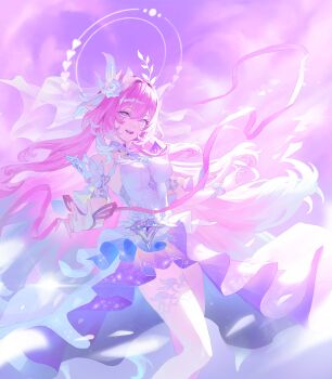 1girl absurdres armlet bare_shoulders breasts bridal_veil colored_tips commentary cyrene_(honkai:_star_rail) cyrene_(ripples_of_past_reverie)_(honkai:_star_rail) dress feet_out_of_frame fingernails flower hair_between_eyes hair_flower hair_intakes hair_ornament halo halo_behind_head highres honkai:_star_rail honkai_(series) jewelry large_breasts long_hair looking_at_viewer multicolored_hair nail_polish open_mouth pink_hair pink_nails pointy_ears purple_eyes purple_flower purple_rose purple_sky rose shum sidelocks sky smile solo thighs veil very_long_hair white_dress white_veil