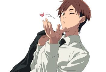 Rule 34 | 1girl, black jacket, black necktie, blowing kiss, brown eyes, brown hair, chainsaw man, collared shirt, division 4 female member, earrings, highres, holding, holding jacket, holding unworn clothes, jacket, jewelry, knew nothing, long hair, necktie, one eye closed, shirt, short hair, simple background, solo, stud earrings, unworn jacket, white background, white shirt