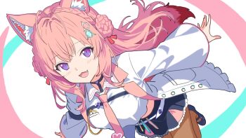 1girl :d animal_ears black_shoes black_skirt breasts brown_pantyhose commentary_request hair_ornament hakui_koyori hakui_koyori_(1st_costume) highres hololive jacket long_hair looking_at_viewer medium_breasts midriff necktie ochazuke_(artist) open_mouth pantyhose pink_hair pink_necktie purple_eyes shirt shoes skirt smile solo tail virtual_youtuber white_background white_jacket white_shirt wolf_ears wolf_tail