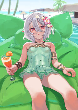 1girl antenna_hair armlet bare_shoulders beach blush bow bracelet breasts cameltoe chen_bingyou covered_navel cup drink drinking_glass food fruit hair_between_eyes hair_bow half-closed_eyes highres jewelry kokkoro_(princess_connect!) kokkoro_(summer)_(princess_connect!) looking_at_viewer navel one-piece_swimsuit open_mouth orange_(fruit) orange_slice outdoors parasol pointy_ears pool princess_connect! short_hair silver_hair sitting solo swimsuit umbrella