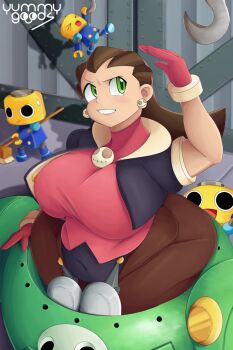 1girl ass breasts brown_hair capcom covered_navel curvy earrings female_focus gloves green_eyes highres hook huge_ass huge_breasts jewelry medium_hair mega_man_(series) mega_man_legends_(series) plump servbot_(mega_man) skull_earrings solo thick_thighs thighs tron_bonne_(mega_man) wide_hips yummygoods