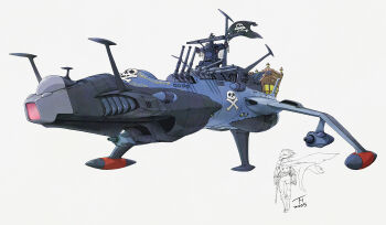 Rule 34 | 1boy, 2025, absurdres, arcadia, commentary request, floating cape, harlock, harlock saga, highres, jolly roger, kujira gunsou, lineart, pirate ship, science fiction, signature, simple background, skull and crossbones, spacecraft, spacecraft turret, uchuu kaizoku captain harlock, vehicle focus, white background