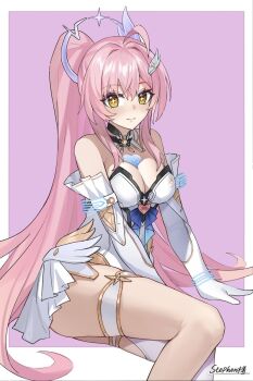 1girl aemeath_(wuthering_waves) bare_shoulders breasts closed_mouth commentary elbow_gloves gloves hair_ornament halo heart highleg large_breasts long_hair looking_at_viewer pink_hair ponytail simple_background smile solo star-shaped_pupils star_(symbol) symbol-shaped_pupils thighs watchmen-001 white_gloves wuthering_waves yellow_eyes yellow_pupils