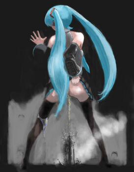 1girl aqua_eyes aqua_hair ass clothes_lift detached_sleeves female_focus from_behind hagaa hatsune_miku headphones headset long_hair necktie no_panties panties panties_around_leg panty_pull pee peeing peeing_on_wall ponsuke_(pon00000) ribbon skirt skirt_lift solo thighhighs twintails underwear very_long_hair vocaloid