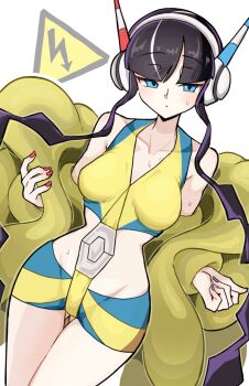 Rule 34 | 1girl, bare shoulders, black hair, blue eyes, breasts, coat, commentary request, elesa (pokemon), headphones, highres, konomi eisuke, large breasts, nintendo, pokemon, pokemon bw2, short hair with long locks, solo, sweat, yellow coat