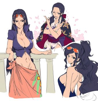 1girl backless_dress backless_outfit black_hair blue_dress blue_eyes breasts cleavage collarbone cropped_jacket daniel_deng dress eyewear_on_head high_ponytail highres jacket japanese_clothes kimono large_breasts long_hair midriff navel nico_robin nico_robin_(dressrosa) nico_robin_(onigashima) nico_robin_(return_to_sabaody) obi one_piece petals ponytail sarong sash short-sleeved_jacket short_sleeves sideboob sleeveless sleeveless_kimono solo sunglasses