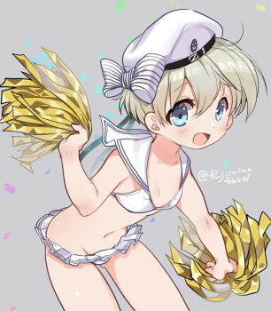 1girl bikini bikini_skirt blue_eyes blush bow breasts clothes_writing commentary_request confetti dated fujii_rino grey_background grey_hair hair_between_eyes hat hat_bow holding holding_pom_poms kantai_collection looking_at_viewer open_mouth pom_pom_(cheerleading) pom_poms sailor_bikini sailor_collar short_hair simple_background small_breasts solo swimsuit twitter_username white_bikini white_bow white_hat z1_leberecht_maass_(kancolle) z1_leberecht_maass_(swimsuit)_(kancolle)
