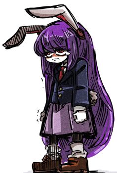 1girl animal_ears black_jacket black_pantyhose blush brown_shoes buttons clenched_hands closed_mouth collared_shirt full_body hair_between_eyes half-closed_eyes jacket lapels long_hair long_sleeves necktie pale_skin pantyhose pleated_skirt purple_hair purple_skirt rabbit_ears rabbit_girl rabbit_tail red_eyes red_necktie reisen_udongein_inaba sad shirt shoes sidelocks simple_background skirt socks solo standing suenari_(peace) tail tearing_up touhou trembling very_long_hair white_background white_shirt white_socks