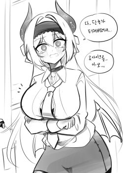 1girl absurdres breasts choker commentary_request demon_girl demon_horns demon_wings erum_4066 greyscale hair_between_eyes highres horns korean_commentary korean_text large_breasts long_hair looking_at_viewer monochrome necktie original pantyhose shirt skirt solo speech_bubble tears translation_request white_shirt wings