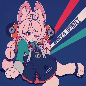 1girl absurdres animal_ears ankle_belt arm_support blue_background blue_shirt braid bright_pupils closed_mouth commentary_request doover foot_out_of_frame furry furry_female highres overall_skirt rabbit_ears rabbit_girl red_eyes shirt solo twin_braids white_pupils zenless_zone_zero zhao_(zenless_zone_zero)