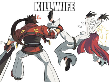 1boy 1girl anger_vein ass black_gloves bodysuit breasts broken_halo brown_hair couple emphasis_lines fingerless_gloves gloves guilty_gear guilty_gear_strive halo headband highres husband_and_wife image_macro_(meme) jack-o&#039;_valentine leg_grab long_hair medium_breasts meme multicolored_hair muscular muscular_male ponytail red_eyes red_hair sideboob smile sol_badguy spiked_hair spiked_halo throwing tina_fate two-tone_hair white_hair