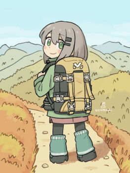 1girl artist_name backpack bag black_pantyhose blush blush_stickers closed_mouth day double_bun female_focus full_body green_eyes green_jacket grey_hair hair_between_eyes hair_bun hair_ornament hairclip jacket long_sleeves looking_at_viewer medium_hair mountain osushiuzumaki outdoors pantyhose scenery skirt sky smile solo standing yama_no_susume yukimura_aoi