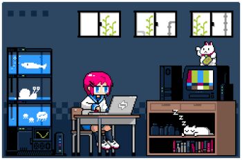 1girl black_socks blinking blouse blue_eyes blue_sailor_collar blue_skirt bookshelf cat chair computer computer_tower desk dripping female_focus fish fish_tank flickering full_body grey_background hair_ornament hairclip indoors jellyfish kneehighs laptop long_sleeves lowres original pink_hair red_neckwear sailor_collar school_chair school_desk shirt short_sleeves skirt sleeping_animal snail socks solo television toyoi_yuuta white_cat white_footwear white_shirt window zzz
