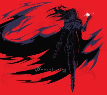 1boy 2026 absurdres armored_boots artist_name belt belt_buckle boots buckle cape clawed_gauntlets cloak closed_mouth commentary dirge_of_cerberus:_final_fantasy_vii english_commentary final_fantasy final_fantasy_vii floating_hair full_body gauntlets gloves gun hand_up headband highres holding holding_gun holding_weapon holster long_hair looking_at_viewer male_focus multiple_belts phantomyre red_background red_eyes signature single_gauntlet single_glove solo spiked_hair thigh_holster torn_cape torn_clothes vincent_valentine weapon