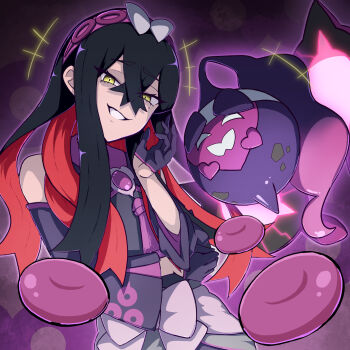 1girl black_hair carmine_(pokemon) carmine_(sygna_suit)_(pokemon) colored_inner_hair detached_sleeves food gloves hair_between_eyes half_gloves highres hitofudegaki_usagi mochi multicolored_hair nintendo official_alternate_costume pecharunt pokemon pokemon_(creature) pokemon_masters_ex purple_gloves purple_theme red_hair smug two-tone_hair yellow_eyes