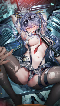 1boy 1girl absurdres aqua_hair armpits arms_up azur_lane baton_(weapon) black_skirt black_slingshot_swimsuit blush bound bound_wrists breasts chain-link_fence clothes_lift commentary_request computer computer_keyboard cuffs cum_on_legwear cup desk disposable_cup essex_(azur_lane) eyewear_on_head fence grey_skirt hair_between_eyes hand_on_own_thigh handcuffs high_heels highres junpaku_karen large_breasts long_hair lying microskirt monitor navel necktie on_back on_desk on_table open_clothes open_mouth pill plaid_clothes plaid_skirt red_necktie shirt shirt_lift shoes sitting skindentation skirt sleeveless sleeveless_shirt slingshot_swimsuit spill spread_legs stomach suggestive_fluid sunglasses swimsuit swimsuit_under_clothes table tearing_up thick_thighs thighhighs thighs torn_clothes torn_thighhighs twintails underboob unworn_shoes very_long_hair walkie-talkie water weapon wet white_shirt