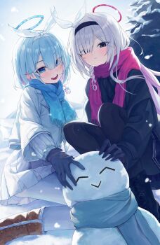 2girls absurdres alternate_costume arona_(blue_archive) black_eyes black_gloves black_jacket black_pantyhose black_skirt blue_archive blue_eyes blue_hair blue_halo blue_scarf braid character_snowman colored_inner_hair doodle_sensei_(blue_archive) gloves grey_background hair_over_one_eye halo highres jacket long_hair mismatched_pupils multicolored_hair multiple_girls open_mouth pantyhose pink_hair pink_scarf plana_(blue_archive) red_halo revision rosu_1109 scarf sensei_(blue_archive) short_hair single_braid skirt snow snowman white_hair white_jacket white_pantyhose white_skirt