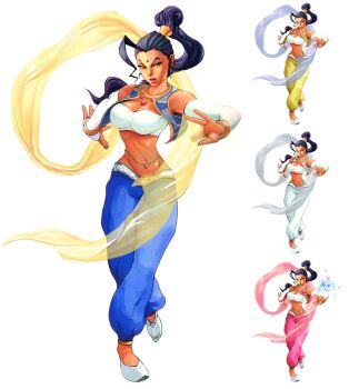 Rule 34 | 1girl, alternate color, alternate costume, arika, baggy pants, bracelet, capcom, company connection, cosplay, detached sleeves, hagoromo, hair slicked back, jewelry, kaiwai, long hair, multiple views, pants, pullum purna, purple hair, rose (street fighter), shawl, single hair intake, street fighter, street fighter ex (series), variations, veil, vest