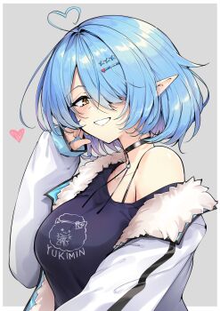 1girl :d absurdres ahoge blue_hair breasts choker commentary_request elf hair_ornament heart heart_ahoge highres hololive large_breasts looking_at_viewer open_mouth pointy_ears simple_background smile solo upper_body virtual_youtuber yellow_eyes yukihana_lamy yukimin_(yukihana_lamy) zooanime