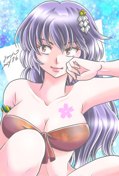 Rule 34 | 1girl, aononmi, armband, bare shoulders, bikini, bikini top only, blue background, breast tattoo, breasts, brown bikini, cleavage, collarbone, commentary request, front-tie bikini top, front-tie top, hair ornament, highres, large breasts, light smile, long hair, looking to the side, purple hair, sakura (urusei yatsura), signature, sitting, strapless, strapless bikini, swimsuit, tattoo, urusei yatsura, yellow eyes