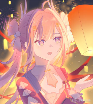 Rule 34 | 1girl, absurdres, aerial fireworks, ahoge, animal-shaped pupils, bear-shaped pupils, breasts, chinese commentary, commentary request, fireworks, he li chenxiao, highres, honkai (series), honkai impact 3rd, lantern, long hair, night, paper lantern, pink hair, purple eyes, red shirt, shirt, sky lantern, small breasts, smile, solo, upper body, very long hair, youyun