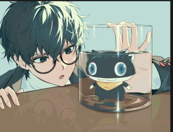 Rule 34 | 1boy, :3, amamiya ren, black-framed eyewear, black hair, black jacket, blue eyes, cup, glasses, hair between eyes, highres, jacket, long sleeves, male focus, mnce o, morgana (persona 5), open mouth, persona, persona 5, reflection, refraction, school uniform, shuujin academy school uniform, simple background, solo, upper body