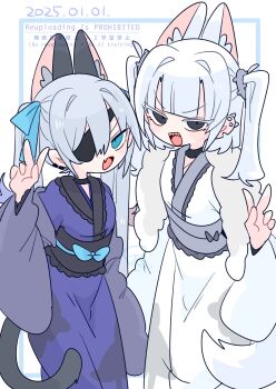 2boys :d animal_ear_fluff animal_ears black_choker black_sash black_trim blue_bow blue_eyes blue_hair blue_sash blunt_bangs bow bulge cat_boy cat_ears cat_tail choker colored_tips commentary_request cowboy_shot crossdressing crossdressing_(mtf) dated ear_piercing earclip eve_(op_na_yarou) extra_ears eyepatch fang fangs flipped_hair fur-trimmed_jacket fur_trim grey_bow grey_eyes grey_sash grey_tail grey_trim hair_between_eyes hair_bow hair_intakes hair_tie hand_up highres jacket japanese_clothes kimono long_hair long_sleeves looking_at_viewer male_focus medium_hair multicolored_hair multiple_boys no_nose notched_ear obi off_shoulder one_eye_covered op_na_yarou open_clothes open_jacket open_mouth original piercing puffy_long_sleeves puffy_sleeves purple_kimono quad_tails red_hair rigel_(op_na_yarou) sash sidelocks simple_background skin_fang smile standing straight_hair tail trap two_side_up v v-shaped_eyebrows very_long_hair watermark white_background white_hair white_jacket white_kimono