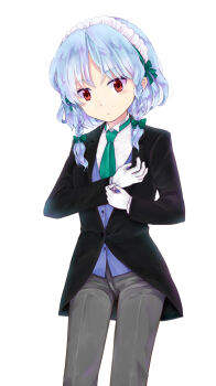 1girl black_jacket blue_hair blue_vest bow braid butler closed_mouth commentary_request crossdressing crossdressing_(ftm) female_butler gloves green_bow green_necktie grey_hair grey_pants hair_bow izayoi_sakuya jacket long_hair long_sleeves looking_at_viewer maid_headdress minatsuki_yurara necktie pants red_eyes shirt simple_background solo touhou twin_braids vest white_background white_gloves white_shirt