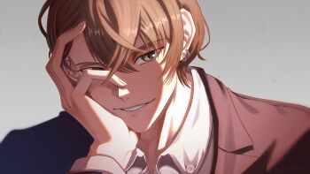 1boy absurdres brown_hair commentary_request earrings grey_background grey_jacket grin hand_on_own_face highres jacket jewelry kagami_hayato looking_at_viewer magurosamm male_focus multiple_earrings nijisanji shirt short_hair simple_background smile solo upper_body virtual_youtuber white_shirt