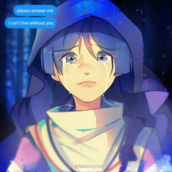 1boy black_hair blunt_ends blush bow choppy_bangs clothing_cutout commentary crying crying_with_eyes_open english_commentary eyeliner genshin_impact glitch grey_eyes highres japanese_clothes kariginu layered_sleeves looking_at_viewer makeup male_focus portrait purple_bow purple_sleeves purple_veil pursed_lips red_eyeliner red_lips scaramouche_(genshin_impact) scaramouche_(kabukimono)_(genshin_impact) shoulder_cutout solo straight-on string tareme tasuki tears text_messaging twitter_username two-sided_fabric veil white_sleeves zaidaoriori