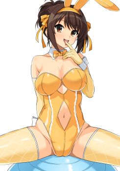 1girl absurdres animal_ear_hairband animal_ears ball bow bowtie breasts brown_eyes brown_hair cleavage clothing_cutout detached_collar exercise_ball fake_animal_ears gloves hairband haruhisky highres large_breasts leotard navel navel_cutout open_mouth playboy_bunny rabbit_ear_hairband rabbit_ears simple_background sitting solo suzumiya_haruhi suzumiya_haruhi_no_yuuutsu tongue tongue_out white_background yellow_bow yellow_bowtie yellow_gloves yellow_hairband yellow_leotard