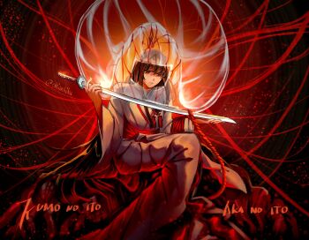 1girl black_background black_hair bridal_veil english_text hashtag-only_commentary highres holding holding_sword holding_weapon hood japanese_clothes katana kimono light_particles limbus_company long_hair long_sleeves open_mouth project_moon red_background red_eyes red_rope rope ryoshu_(project_moon) see-through_clothes shiankicku shiromuku simple_background sitting solo string sword tassel uchikake veil wataboushi weapon white_kimono wide_sleeves