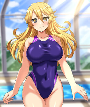 1girl absurdres blonde_hair blue_sky blush breasts cleavage cloud commentary_request commission competition_swimsuit covered_navel cowboy_shot highres iowa_(kancolle) kantai_collection large_breasts long_hair looking_at_viewer one-piece_swimsuit pixiv_commission poolside purple_one-piece_swimsuit sky smile solo star-shaped_pupils star_(symbol) swimsuit symbol-shaped_pupils variant_set zanntetu