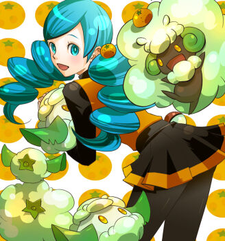 10s 1girl ace_trainer_(female)_(pokemon_bw) ace_trainer_(pokemon) aqua_eyes aqua_hair black_pantyhose blue_eyes cottonee drill_hair evolutionary_line food fruit gen_5_pokemon hug kabu_kabu long_hair mandarin_orange nintendo npc_trainer pantyhose poke_ball pokemon pokemon_(creature) pokemon_bw skirt smile solo_focus twin_drills twintails waist_poke_ball whimsicott yellow_eyes